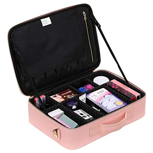 Custom pink pu leather EVA hard shell beauty luxury makeup bag cosmetic travel luggage case bag organizer make up beauty case