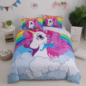 Custom Printed Twin Queen Watercolor Polyester Fabric Kids Girl Unicorn Comforter Bedding Set