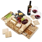 Custom Square  Bamboo Wooden Cheese Board and Knife Set with Cutlery In Slide Out Drawer Cheese Platter Cutting Board