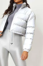 custom winter high shine fabric reflective cropped puffer jacket women