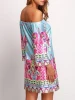 Designer One Piece Woman Dress, Colorful Ethnic Printing Clothing, Multicolor Off the Shoulder Floral Dress