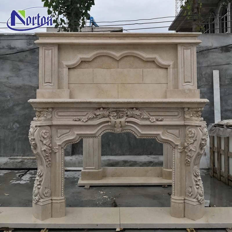 European style carved natural travertine indoor marble fireplace surround / beige stone fireplace for sale