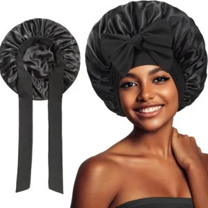 Extra Large Satin Hair Bonnet With Wrap Head Band Tails Silk Tie Bonnet Edge Wrap For Women Curly Braid Hair