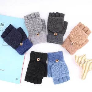 Factory direct selling warm half-finger gloves autumn and winter boys and girls wool students  finger jacquard gloves