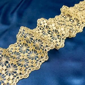 Factory Wholesale Laces Applique Glitter Feather Embroidery Artware Luxury Gold Metallic Thread Lace Trim