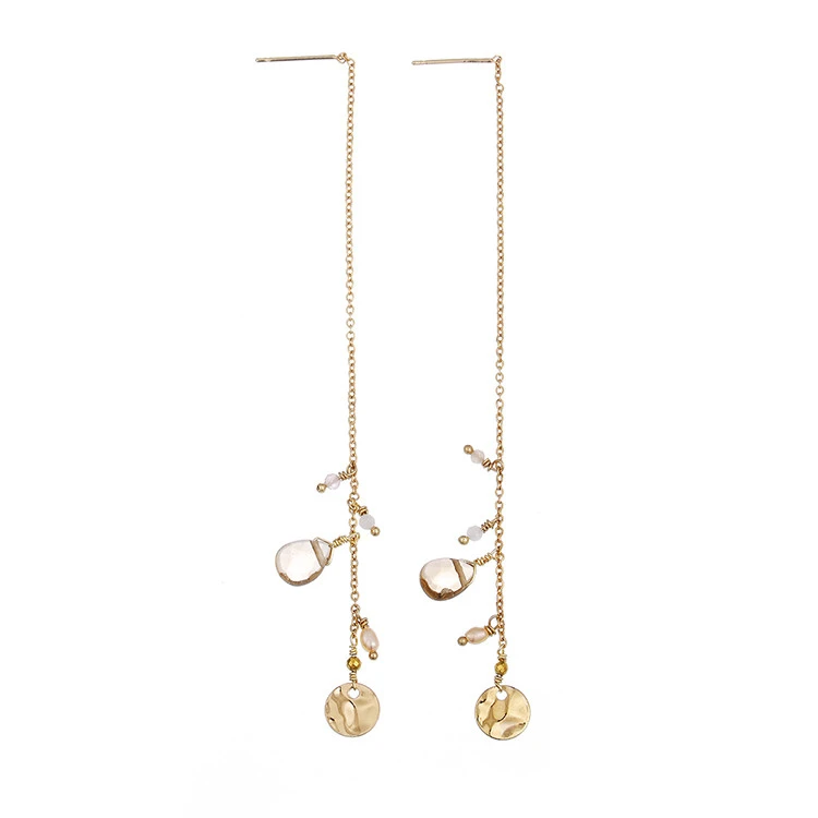 Farfetch High Quality 18k Real Gold Plated Long Chain Earrings Nature Stone Peal Dangle Drop Earrings with Copper Chain