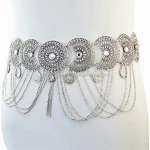 Fashion retro hollow crystal tassel geometric coins long waist chain belt