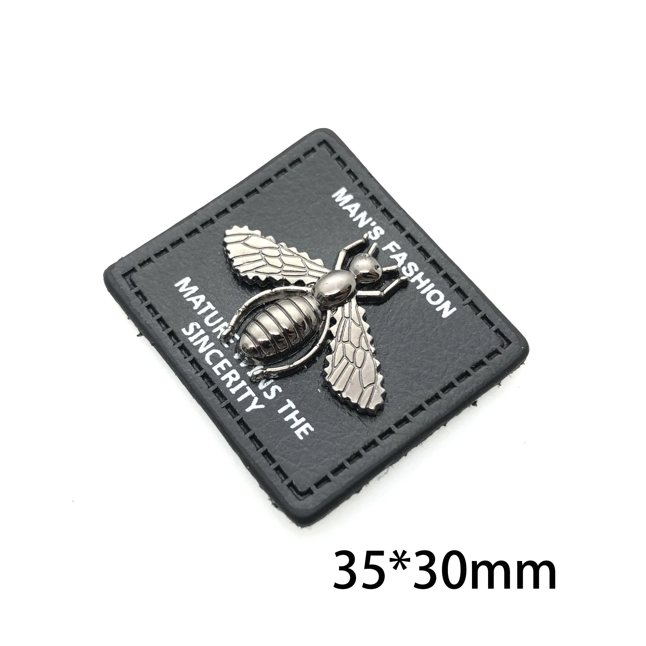 Fashion vogue rectangle small customized bee metal logo leather patch labels for garment