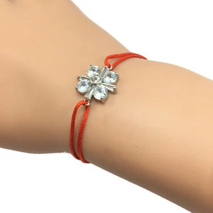 Four Leaf Clover Charm Adjustable Cord Bracelet With Micro Zircon Pave