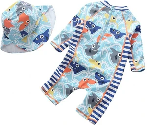FREE SAMPLE Baby Boys Swimwear Toddlers Zipper Bathing Suit Swimsuit with Hat Rash Guard Surfing Suit UPF 50+