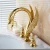 Import Gold Polished Swan Shape Widespread 3pcs Bathroom Sink Faucet 2 Handles Vanity Basin Mixer Tap from China