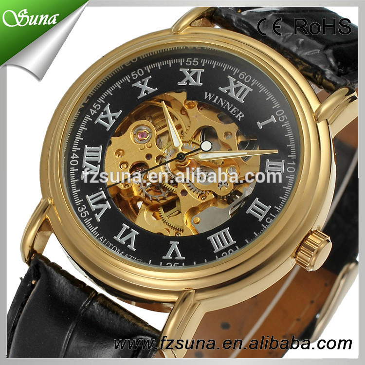 Good Price Genuine Leather Watch Winner 2 Colors Skeleton Automatic Mechanical Watch