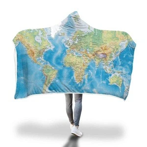 Hooded balnket map theme Eco-friendly digital printing geography department gift warm cloak cape wearable blanket