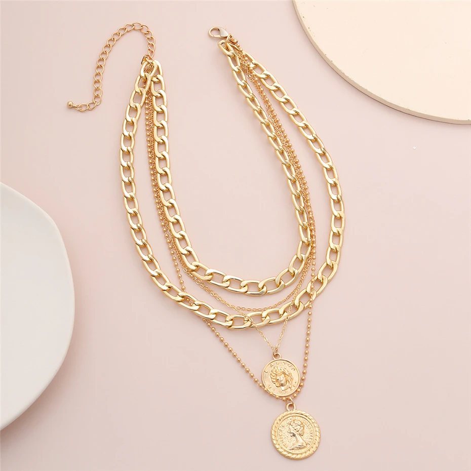 HVOANCI European Hotsale 18K Gold Plated Multi Layer Chain Necklace Hips Hops Chunky Cuban Chain Coin Pendant Necklace for Party