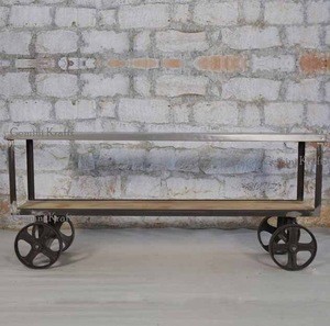 Industrial Console Table, Iron &amp; Wooden With Wheel Table Consoles