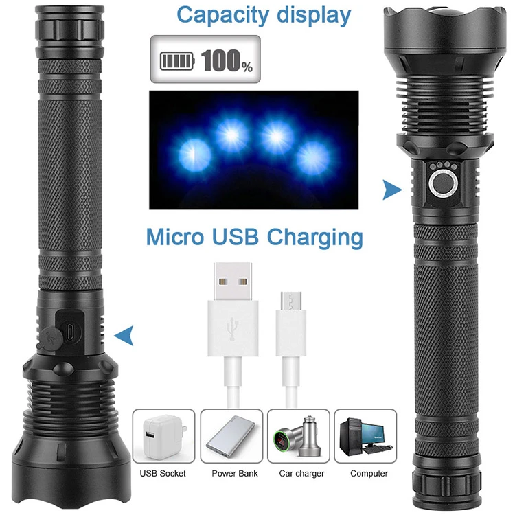 latest 4 chips most powerful handheld XHP50 XHP70 led rechargeable flashlights with usb charger 26650 battery status indicator