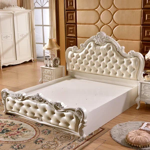 Luxury White French Baroque Barocco Style Hand Carved Wood Leather Adjustable Queen Double Hydraulic Gas Lift up Storage Box Bed