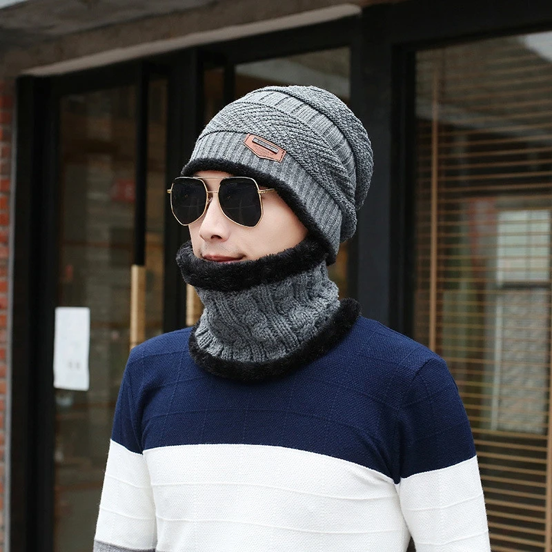 men warm winter hat with Scarf Wool Lining Thick Warm Knit beanies Winter Beanie Caps bonnet For men