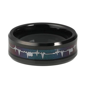 Mens Silver Steel Heart Beat Wedding Band Black Tungsten Ring With Colorful Foil Inlay