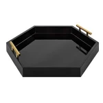 Modern Wood Hexagonal Serving Tray with metal Handles and Coated Finished Black