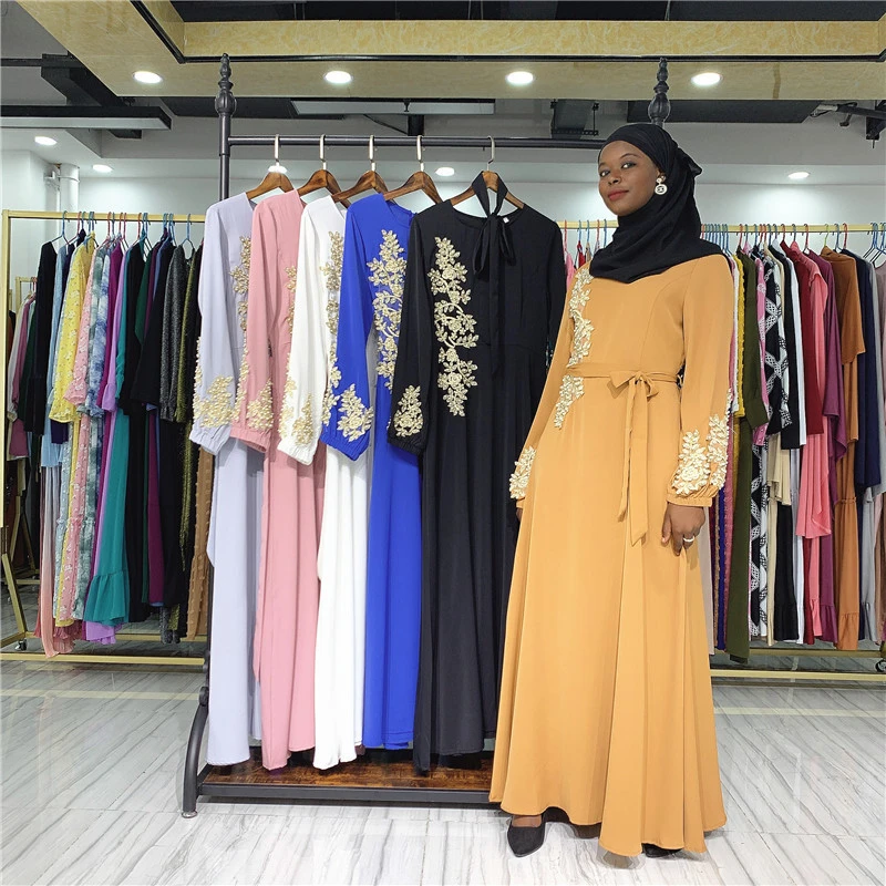 multiple colors delicate embroidered long sleeve maxi women muslim dress islamic clothing
