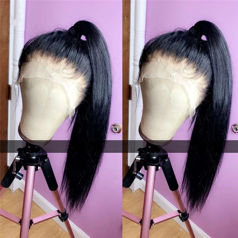 Natural Black Silky Straight Brazilian Hair Transparent Swiss Lace Front Wigs 100% Virgin Human Hair Wigs