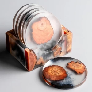 100% Natural Kitchen Round Tea Cup coaster Pine wood resin Drink Coaster wood resin coaster with holder set