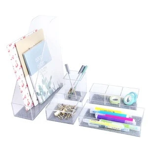 New design acrylic silver glitter school office stationery set pen holder,file organizer, storage box