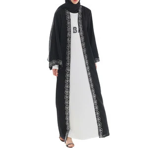 New muslim women Embroidered cuff dress black front open islamic clothing muslim Dubai abaya