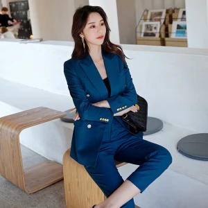 new pattern dark blue stripe double-breasted Self cultivation Suit girl fashion Show thin host meeting activity
