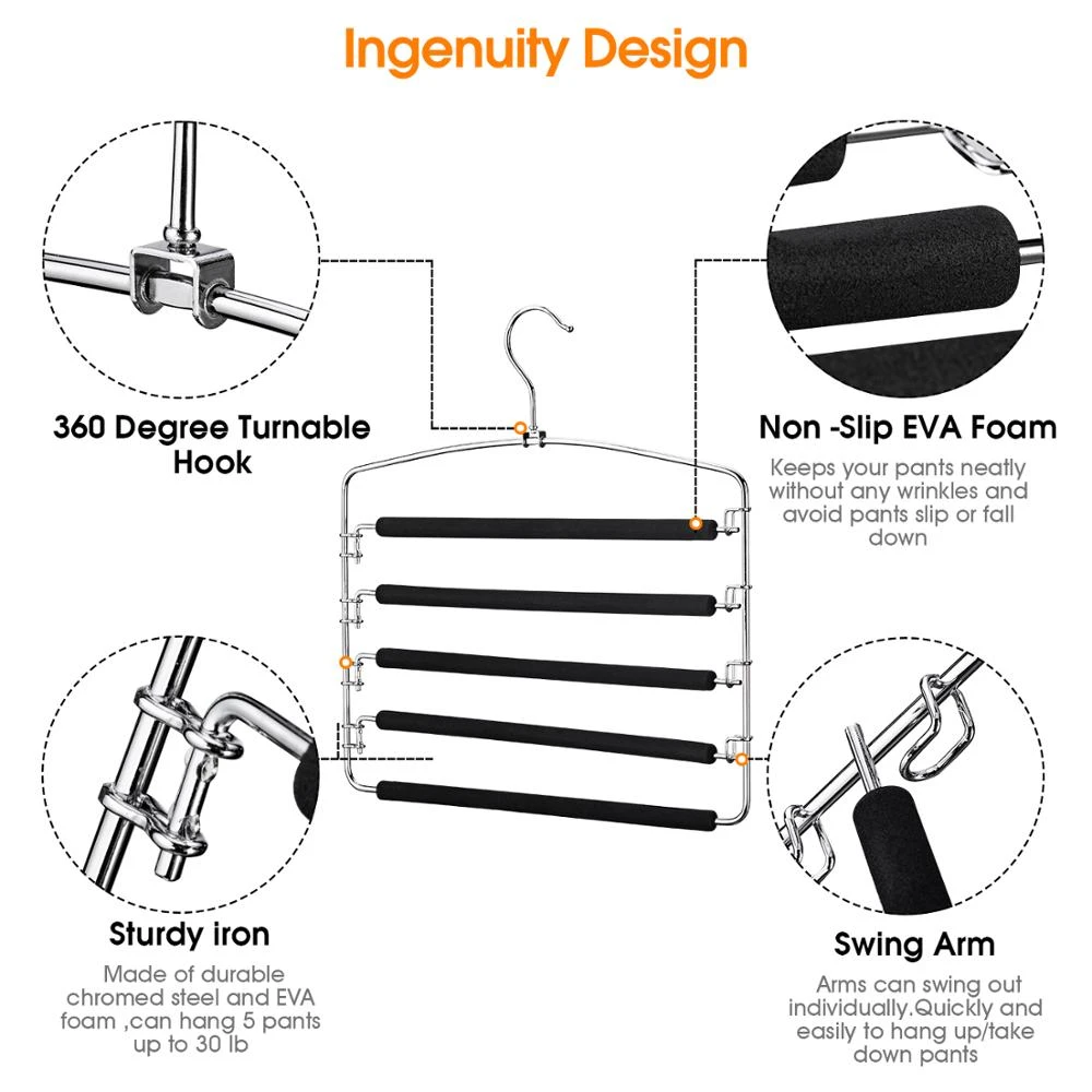 Non-slip foam padded swing arm metal wire hanger,Stainless steel five-layer pants hangers