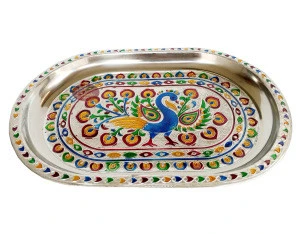 PEACOCK DESIGNED STAINLESS STEEL MEENAKARI DECORATIVE TRAY - P-2 SILVER (8.35&quot; x 12.50&quot; x 0.87&quot; INCHES)