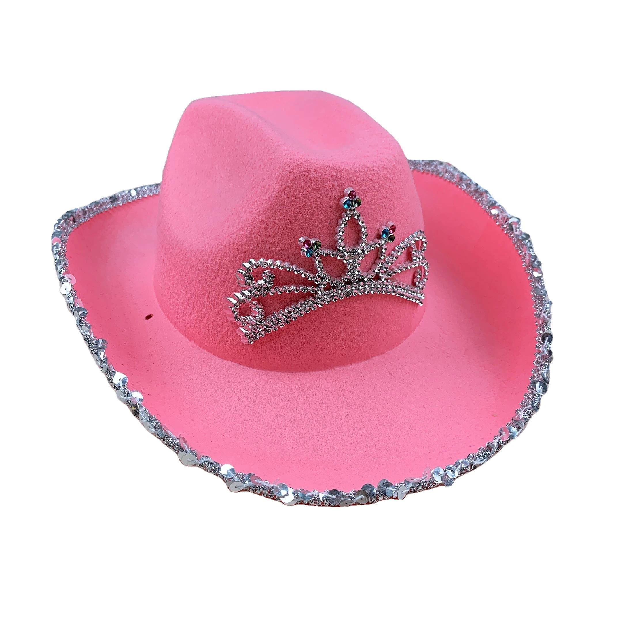 Pink Rhinestone Bling Blinking Luxury Kids Pearls Felt Fuzzy Fashion Cowboy Cowgirl Hats