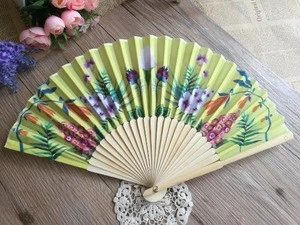 Portable Flower dacron Folding Hand Favour Fan Bamboo Craft Ladies Fans
