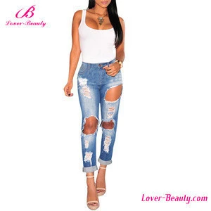 Push Up Ripped Wholesale Sky Blue Pant Jeans for Girl