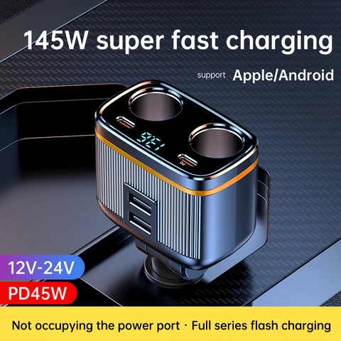 Quick Car Charge USB Type-C PD 45W Phone Power 12V small car 24V truck Apple and Android Car Charger