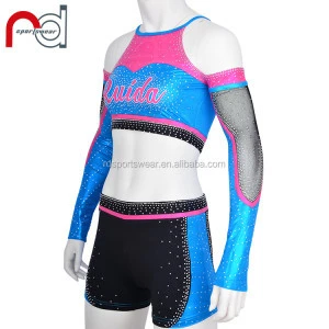 Rhinestones mystique metallic material adult cheerleader uniform cheeleading costume practice crop top and shorts set