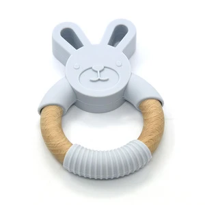 Silicone and wood teether baby teething rattle