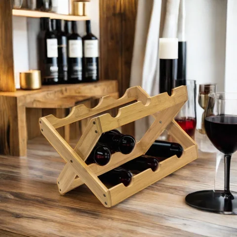 SOPEWOD Large Natural Bamboo Foldable Countertop Wine Rack 6-Bottle Wooden Wine Bottle Holder for Cooler Display Gift