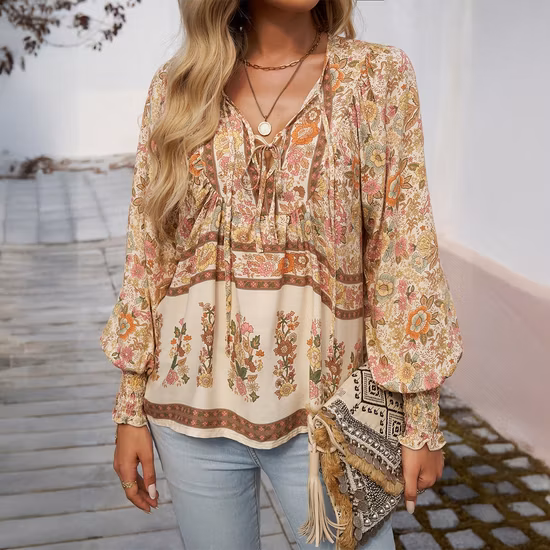Import 2025 European and American Womens Blouse Temperament V-Neck Long Sleeved Top from China