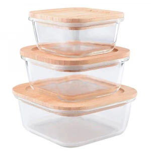 Square Glass Food Storage Containers with Bamboo Lids 4 Pieces Set Glass Containers Glass Meal Prep Containers