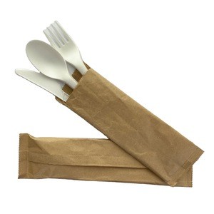 Takeout Paper Bag Flatware set  Eco-friendly BPI DIN Certificate  Compostable CPLA Knife Fork Spoon Kraft Paper Bag Packing