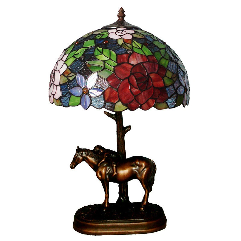 Tiffany Lamps Table Shade Study for Bedroom Office Desk Resin Cow children Shades Lace Cover Vintage 12 Inch Rose Pony Lamp