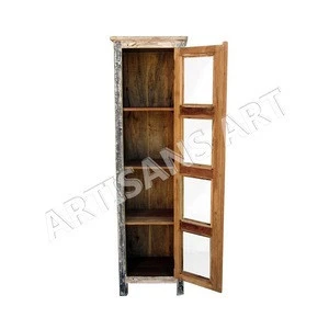 Whitewashed Reclaimed 1 Door Glass Display Cabinet, Hand Finished Antique Wooden Glass Cabinet design indian Furniture