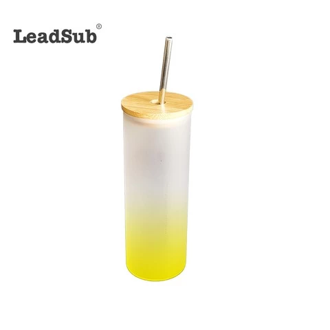 Wholesale 17oz Gradient Frosted Glass Tiktok Trendy 500ml Frosted Gradient Color Printing Glass Tumbler with Straw Bamboo Lid