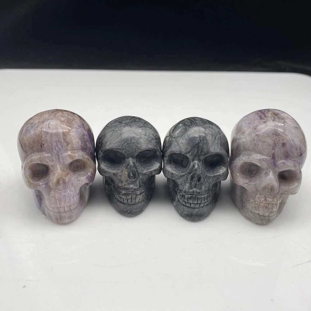 Wholesale Hand made crystal figurines polished Lepidolite Natural stones Quartz Crystal Skulls Crafts for Halloween gift