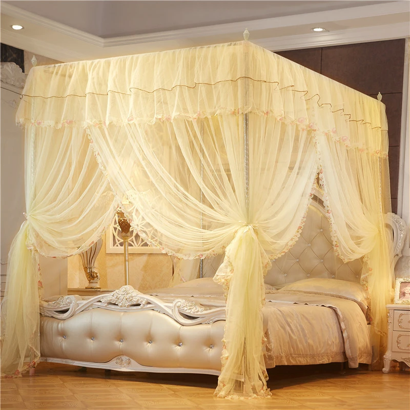 Wholesale Princess Stainless steel Frame rectangular Palace Curtain Lace King Size Bed Mosquito Net