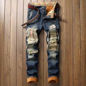 Winter keep warm Ripped men jeans With thick  mid waist vintage stretch men denim jeans with fleece Cool Motorcycle jeans