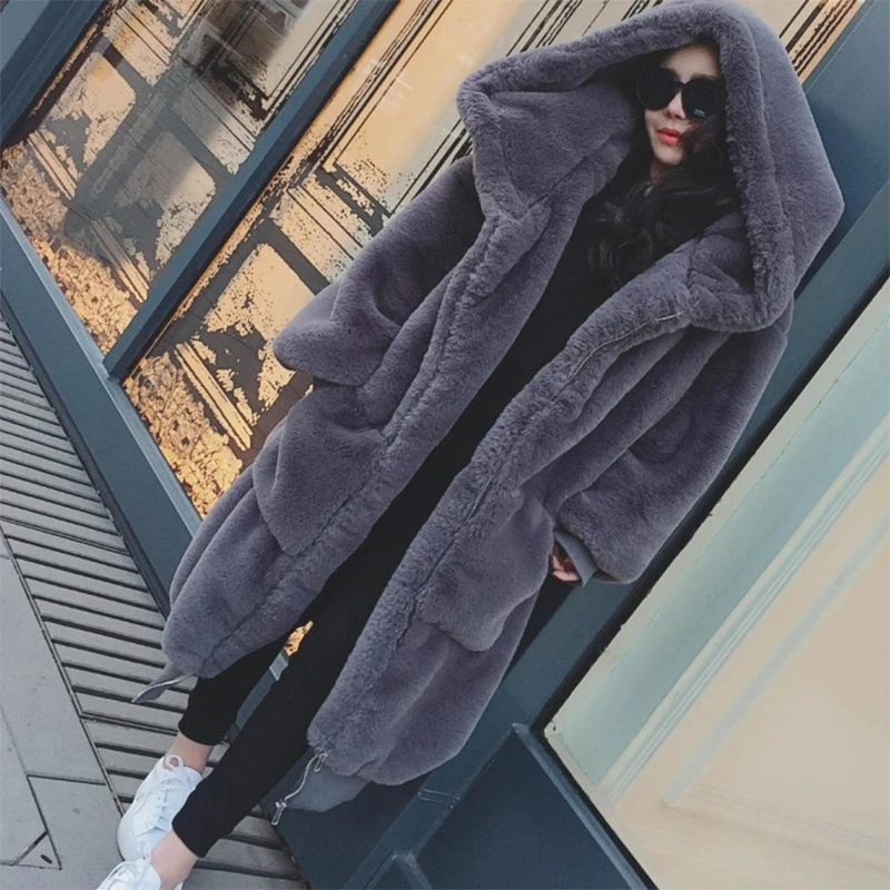 Winter Warm hooded Large size Medium length Solid color Fur &amp; Faux Fur WomenNew Casual Long sleeve Women Fur coat