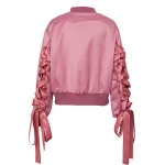 Women Satin Lace Up Pocketstreetwear Bomber Jacket Coat